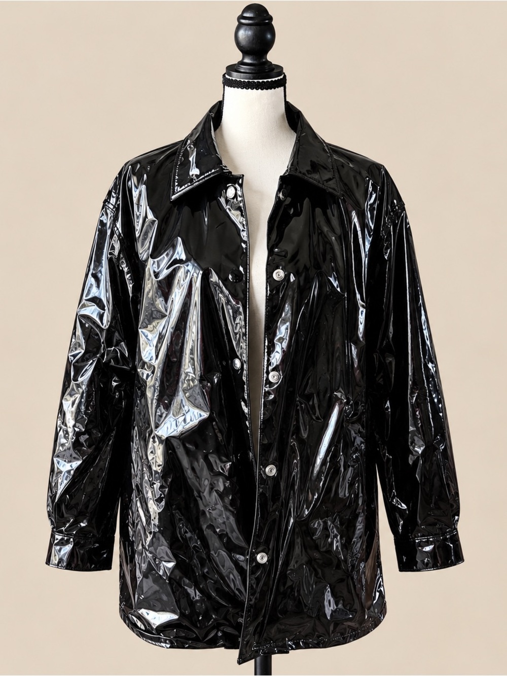 90s Vintage Patent Shiny Snap Front Coat M